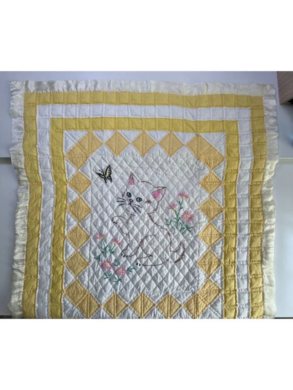 Vintage Handmade Baby Quilt Embroidered Cat Kitten Blanket Satin Yellow White